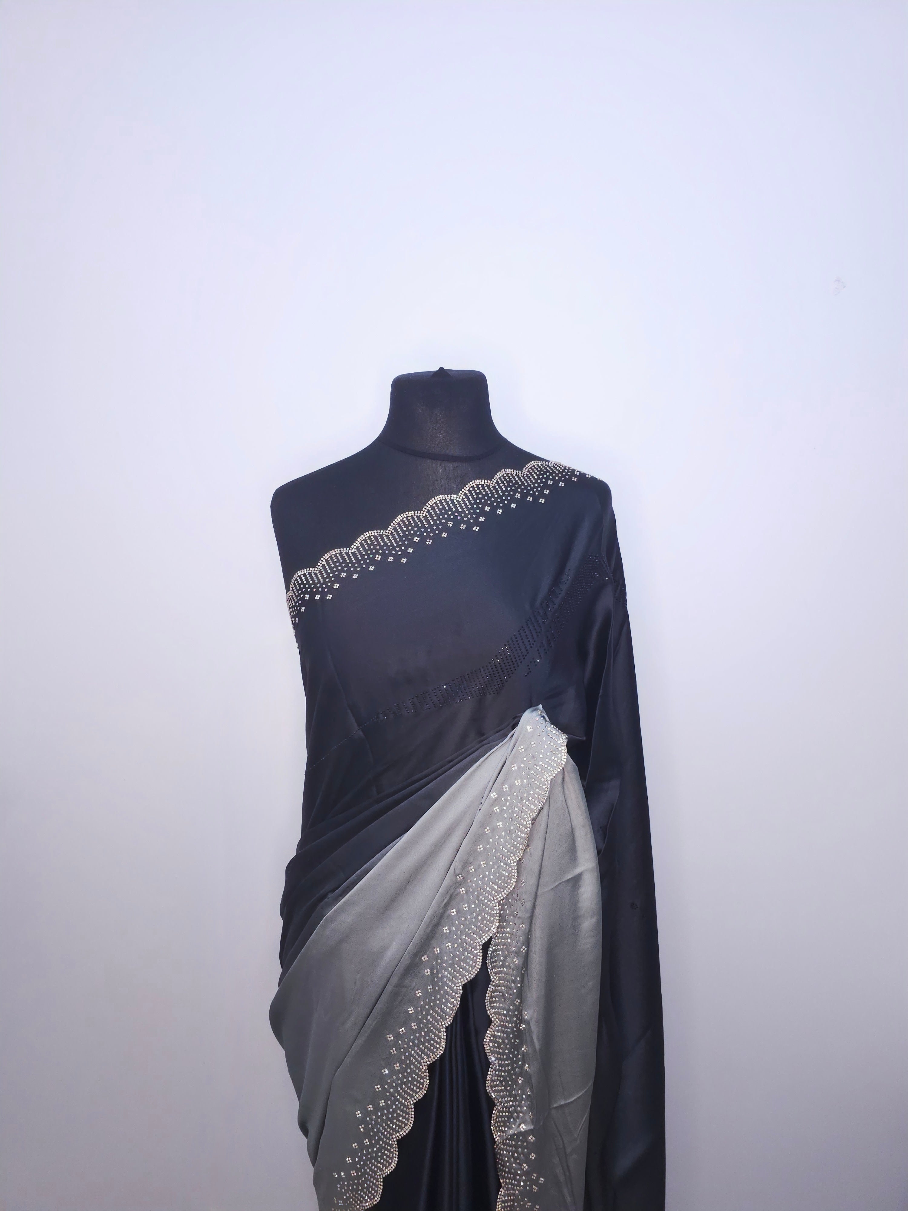 Black Grey Satin Stone Saree