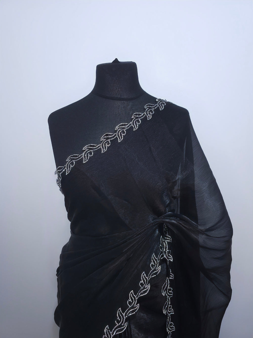 Charcoal Grey Tissue saree - Leaf border