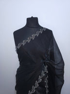 Charcoal Grey Tissue saree - Leaf border
