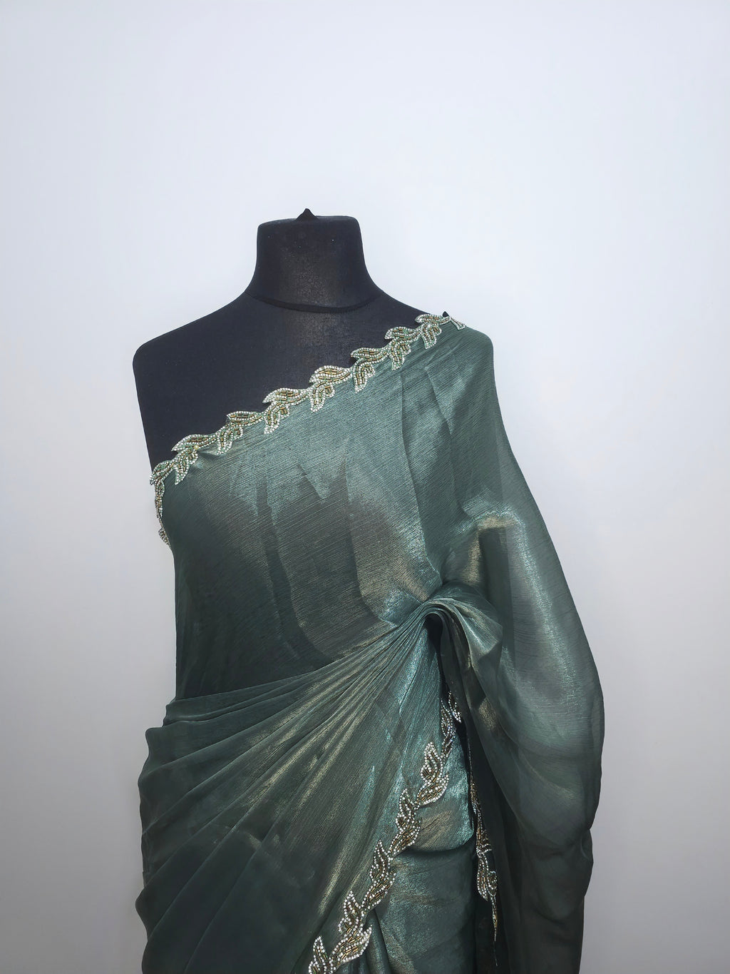Charcoal Grey Tissue saree - Leaf border