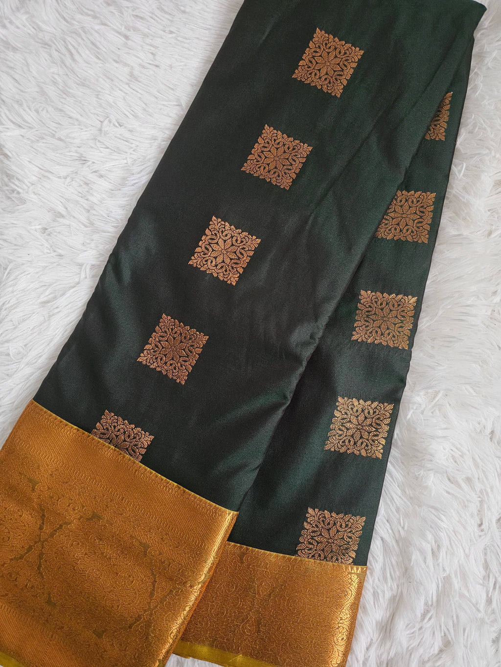 Bottle Green Soft Silk Saree with Rich Gold Border |