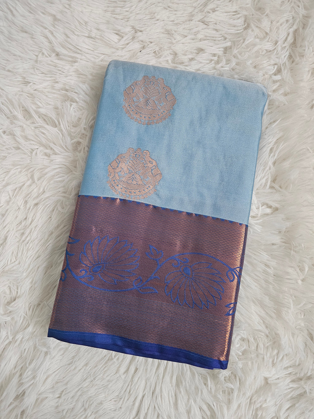 Sky Blue Soft Silk Saree with Royal Blue Pallu & Gold Border