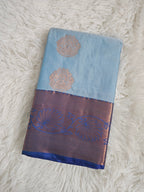 Sky Blue Soft Silk Saree with Royal Blue Pallu & Gold Border