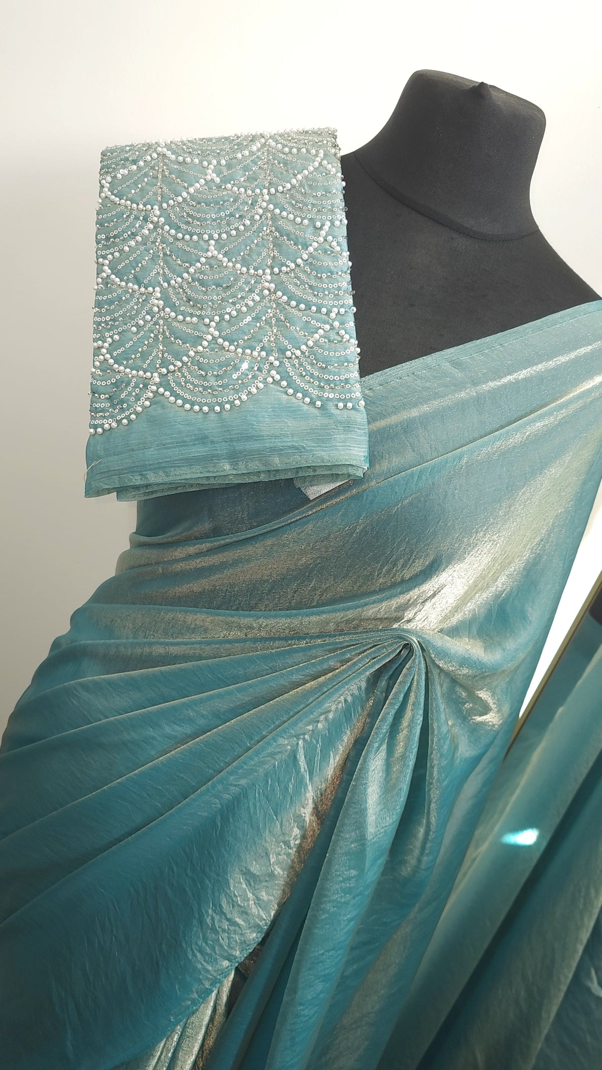 Crystal Blue Chinon Saree with Embellished Blouse