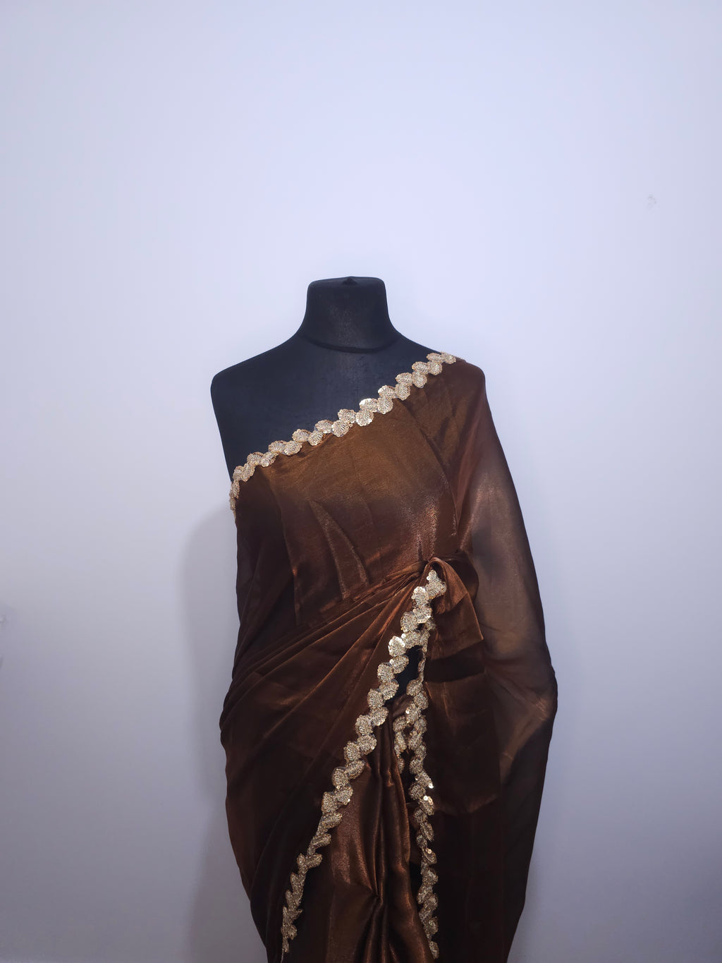 Chocolate Brown Leaf Border Georgette